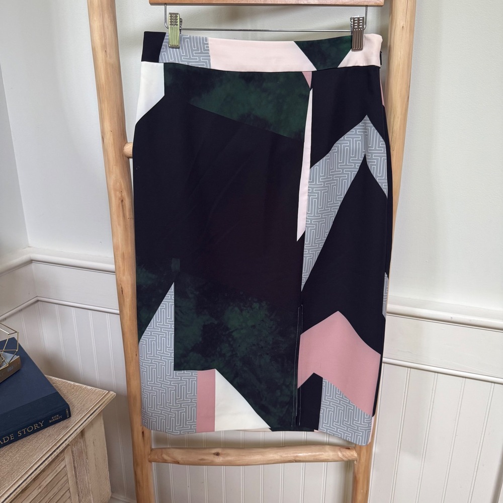 Ted Baker London Roxane Geometric Abstract‎ Pencil Skirt Black Green Pink Size 2